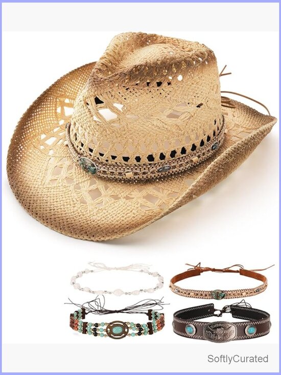 Straw Cowboy Hat with 4 Interchangeable Bands Stiff Wide Brim Western Style main image 6